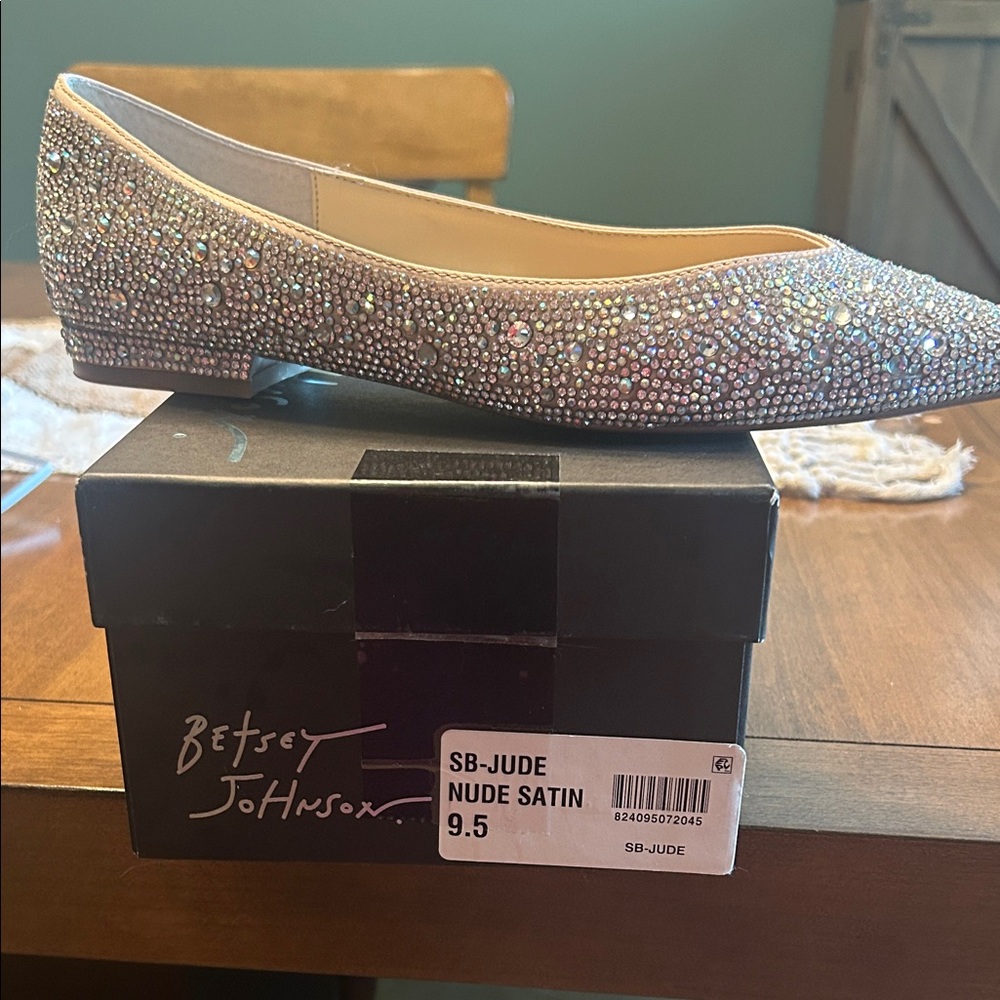Betsey Johnson Nude Satin Jeweled Pointed Flat